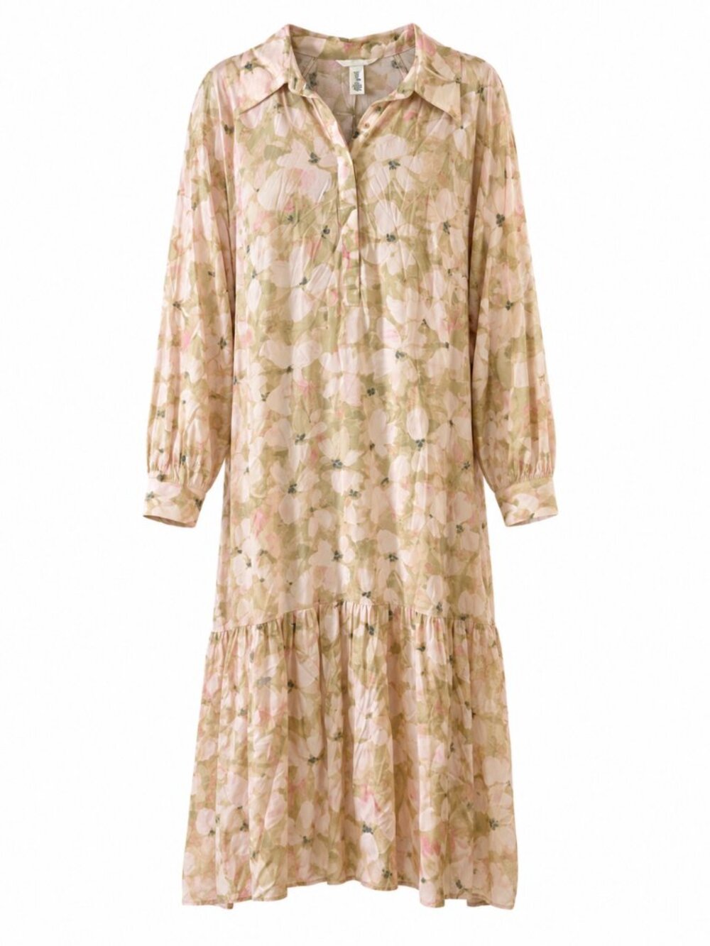 H&M Pink Sage Watercolour Floral Long Sleeve Tiered Collared Midi Shirt Dress XL